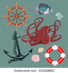 Set of vector images octopus, seashells, anchor, fish, lifebuoy, steering wheel.