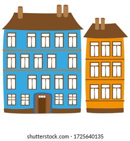 Set of vector images of old houses on a white background. Isolated drawings.