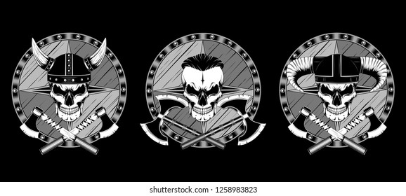 Set of vector images on a black background. Skulls in helmets with axes and shields.