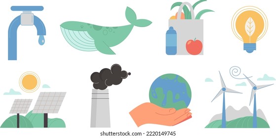 Set of vector images on environmental topics. Green energy, resource conservation, regeneration and ecological cleanliness