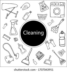 A set of vector images on the theme of home cleaning, women's household duties. Hand-drawn Doodle set of images, black outline on a white background. 
