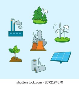 Set of vector images on the theme of renewable and non-renewable energy. Ecology and environmental care concept