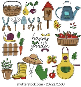A set of vector images on the theme of gardening and gardening tools in a children's cartoon style.