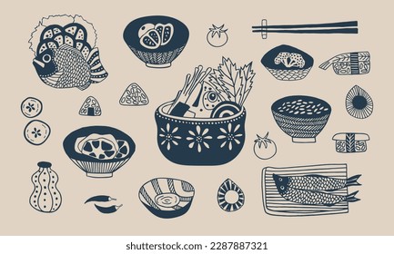 A set of vector images on the theme of Japanese cuisine. Sushi, rice, fish, soup, sake, wasabi. Illustration, drawing, handmade, retro. Cafe, restaurant, oriental cuisine. Blue on beige.