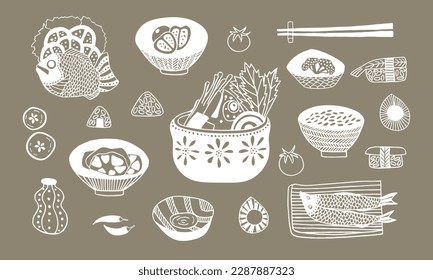 A set of vector images on the theme of Japanese cuisine. Sushi, rice, fish soup, sake, wasabi. Illustration, drawing, handmade, vintage. Cafe, restaurant, oriental cuisine. White on a beige. Eps10