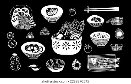 A set of vector images on the theme of Japanese cuisine. Sushi, rice, fish soup, sake, fried fish, chopsticks. Illustration, drawing, handmade, vintage. Cafe, restaurant, Asian cuisine. Eps10