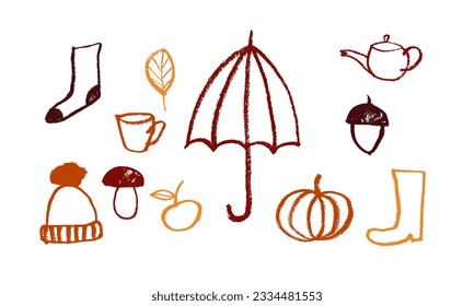 A set of vector images on the theme of autumn. Umbrella, hat, boots, leaf, pumpkin. Hand drawing, doodle, brush, ink, sketch. Brown, yellow, orange. Eps10