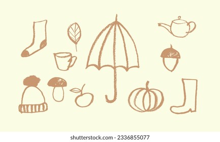 A set of vector images on the theme of autumn. Umbrella, acorn, boots, leaf, apple. Hand drawing, doodle, brush, ink, sketch. Brown on a yellow background. Eps10