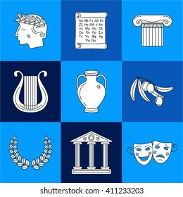 Set of vector images on the theme of ancient Greece. They can be used as logo design elements, as illustration for travel agencies.