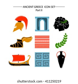 Set of vector images on the theme of ancient Greece. They can be used as logo design elements, as illustration for travel agencies.