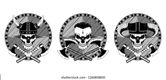 Set of vector images on a white background. Skulls in helmets with axes and shields.