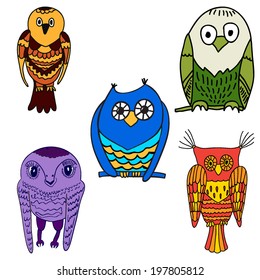 Set of vector images owls on white background.