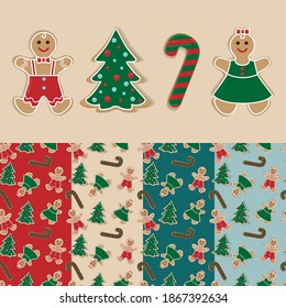 Set of vector images and patterns of Christmas gingerbread. Homemade Christmas baked goods, decorated with bright glaze.