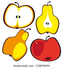 Set of vector images of pears and apples on a white background. Isolated drawings.