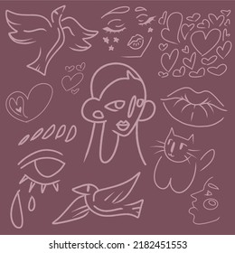 A set of vector images in pencil style on a blue background. A series of vector pictures for tattoos, stickers, print, magazines and website. Pictures of a girl, eyes, cat, lips, hearts, birds.