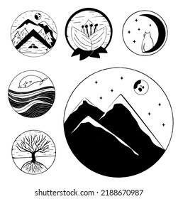 A set of vector images in pencil style. A series of pictures for tattoos, stickers, print, magazines and website. Pictures of mountains, nature, plants, flowers, sea.