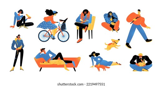 Set of vector images of people with their pets. Men and women with dogs, cats, rats, a rabbit and a parrot. Isolated illustrations in flat style