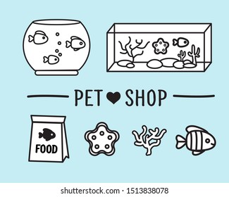 Set of vector images for a pet shop. Fish, corals and aquariums.