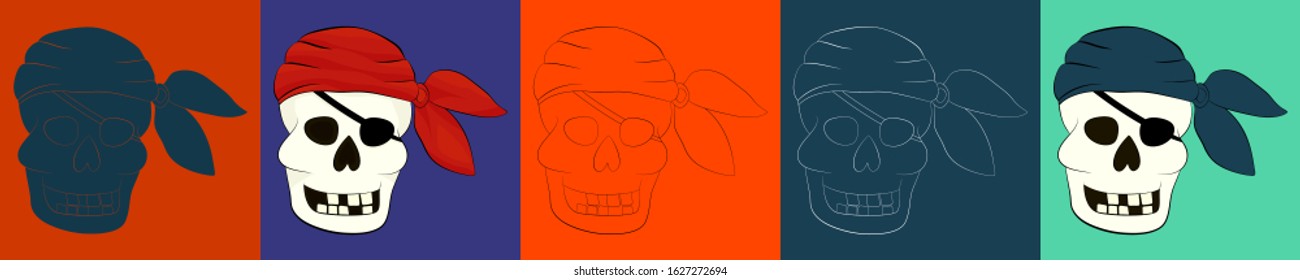 Set of vector images of a pirate skull in a flat style, line style, silhouette. Elements for a party of pirates. Skull of a dead robber with a blindfold and a headscarf.