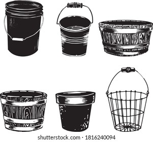 Set of vector images of plastic buckets, clay pots, baskets with handle for garden and yard, sketch style