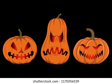 Set of vector images of pumpkins on a black background.