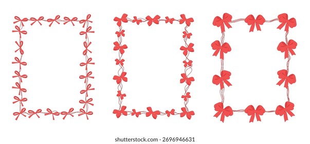 A set of vector images of red bows. Decorative frames with red bows and ribbons are perfect for postcards, invitations or design elements on a white background. Vector frames