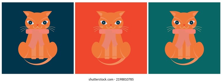 A set of vector images of red cats on a multicolored background