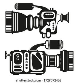 Set of vector images of retro movie cameras on a white background. Isolated drawings.