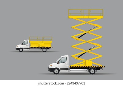 A set of vector images of a scissor lift on a car chassis in transport and working position. Vector illustration.