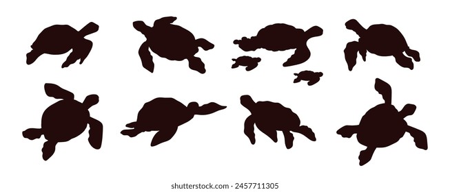 A set of vector images of sea turtles on a white background. Black silhouette illustrations of turtles in a flat style, perfect for icons, logos and underwater marine designs