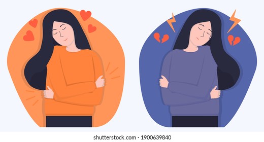 A set of vector images showing two emotional states. Cheerful, loving herself and her body, a girl. A sad and insecure girl in a depressed state. Flat illustration.
