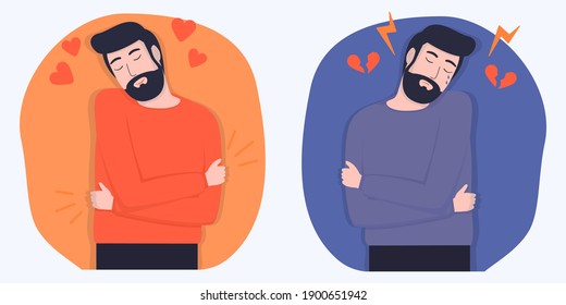 Un conjunto de imágenes vectoriales que muestran dos estados emocionales. Alegre, amándose a sí mismo y a su cuerpo, un hombre. Un hombre triste e inseguro en un estado deprimido. Ilustración plana.