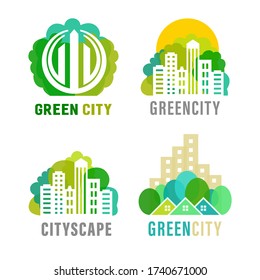 Set of vector images of silhouettes of high-rise buildings, skyscrapers, shopping and entertainment business centers, cottages with trees in green colors. Logo of real estate, green city, apartments.