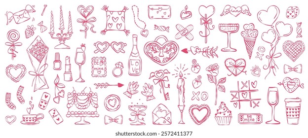 Set of vector images in sketch style for Valentine's Day. Set of simple ink cute bouquet,  sunglasses, rose, balloons, amour arrow, candles, cake, vine isolated. Hand drawn line art illustrations 