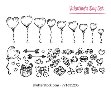 Set of vector images in sketch style for Valentine's Day. Balloons in the shape of heart. Rose, engagement ring, kiss, lips, hearts, ice cream, chocolate, candy, cherry, Cupid's arrows. Romantic Set.