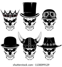 Set of vector images of a skull in helmets and hats