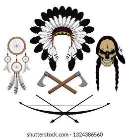 Set of vector images skull of an Indian, axes, dream catcher, bow, arrows, crown of feathers. Set of images on a white background.
