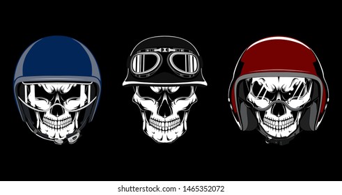 Set of vector images of the skull in motorcycle helmets on a black background.