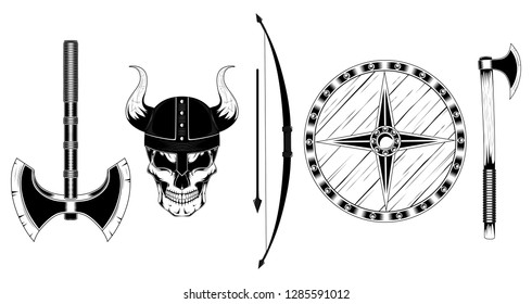 Set of vector images skull viking, helmet, bow with arrow, axes, shield.