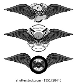 Set of vector images skull with wings and pistons, motorcycle wheel with wings, engine with wings. Set of emblems on a white background.