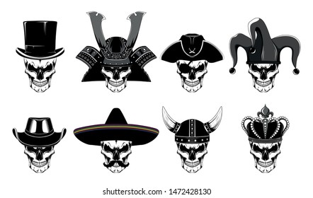 Set of vector images of skulls. Black and white images on a white background.