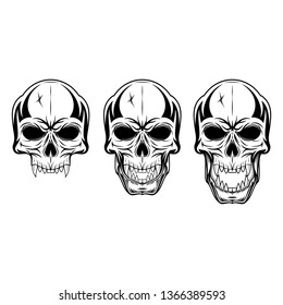 Set of vector images of skulls with fangs. Head of the monster. Dead pirate. Laughing loudly skeleton. Illustrations for t shirt print. Black tattoo. Vector illustration.
