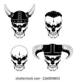Set of vector images of skulls in helmets.