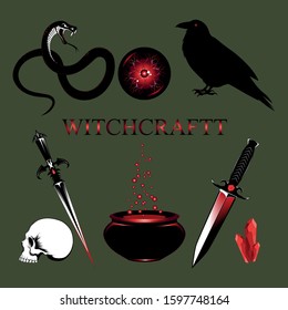 Set of vector images: snake, daggers, skull, magic ball, crystals, bowl with potion.