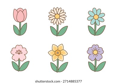 Set of vector images of spring flowers in flat minimalist style, simple geometric shapes,