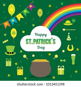 Set of vector images for St. Patrick's Day. Bowler, coins, rainbow, horseshoe, hat, clover, flags, beer, on a green background. Signs and symbols in the tradition of the holiday.