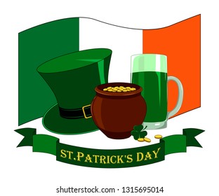 Set of vector images for St. Patrick's Day hat, beer mug, flag, pot of coins, maple leaf.