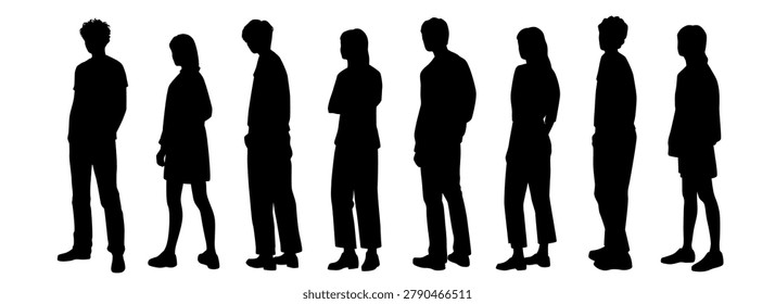 Set of vector images of standing business people, silhouettes of men and women, front and side views, street outerwear, profile, black color, isolated on white background