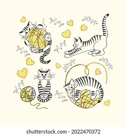 A set of vector images of striped cats in the doodle style. Suitable for children's projects