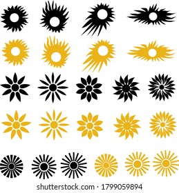 
set of vector images of the sun in orange and black color